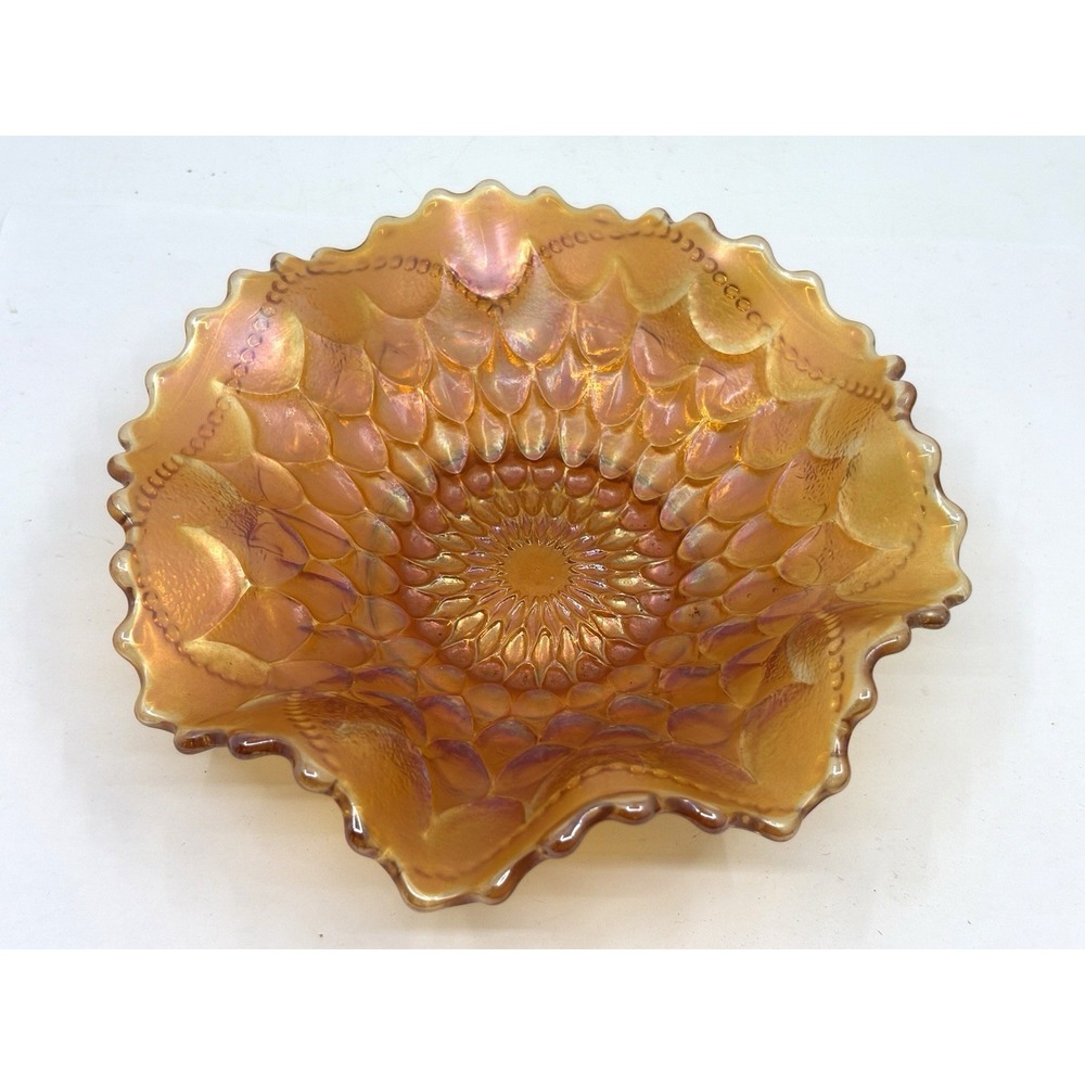 1915 Marigold Dugan Carnival Glass Iridescent Bowl Ruffled Fish scale & Beads